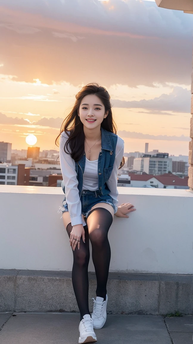 ulzzang-6500-v1.1, (RAW photos:1.2), (Photorealism), Beautiful and delicate girl, (real: 1.4), (Piece Fly), 1 girl, Photo model, Smile, Focus on your audience, Beautiful Lights, best quality, masterpiece, Ultra-high resolution, Practical, Black Hair, Short vest, shorts, super Practical stockings, Medium breasts, White skin,( Sunset background:1.4), full-body shot:1.2
