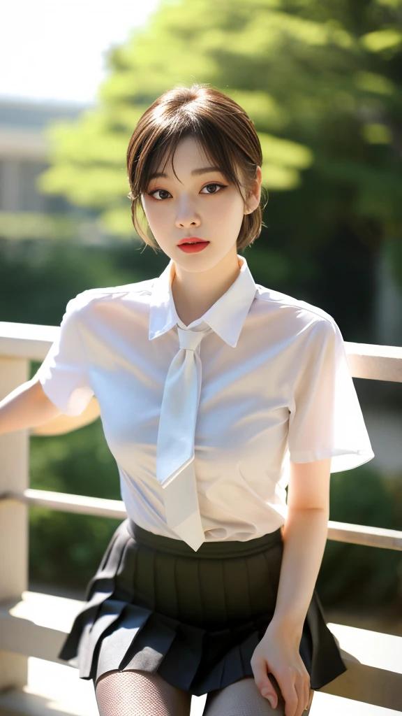 Korean 、summer shirt、Tight shirt、Ribbon Ties、skirt by the、schools、stairs at school、chest lifting pose、Emphasis on the chest、Slender and large、8K raw photos、A high resolution、18-year-old Korean、embarrassing looking、very large round breasts、Beautiful eyes finely detailed、long eyelasher、beautiful double eyelid、eye shadows、eyeline、slender eyes、Elongated eye shape、Sanpaku eyes、beautiful and thin legs、Beautiful slender thighs、Random Shorthair、Tie your hair behind your head、耳Nipple Ring、Light brown hair、(Wear pantyhose)、Hold your knees,short hair, fishnet stocking