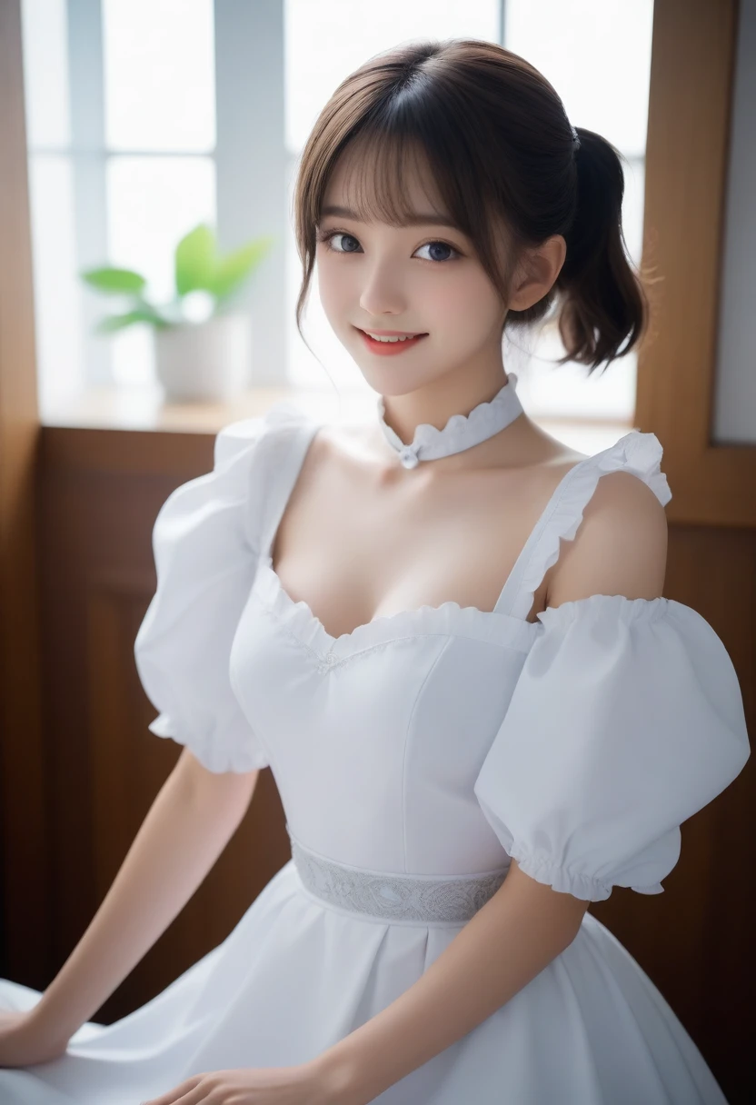 8K, Ultra-high resolution, Highest quality, masterpiece, 三分割法によるphotograph,Surreal, photograph, 1 Girl, (:1.3), pretty girl, Cute face, Beautiful eyes in every detail, 細かくdetailedに,masterpiece,, One Girl:1.2, Virginia Otis 15 year old girl、美しい cyborg mixed maid female, Mecha Cyborg Girl,Mecha Body Girl,She wears a futuristic mech, victorian maid dress, from the front, From the skirt up,Cute kids room, bed room, bed,Beautiful leg line beauty,Full of sex appeal,Sensual,A carefree smile,Heal the heart,Short ponytail、beauty,Long neck、Laugh a little、Please close your mouth and laugh、(((Ideal body type))),A cup small breasts :2,、Portraiture:2、Perfect Anatomy、鮮明なdetailed、detailed、Surreal、Light and shadow,Strong light