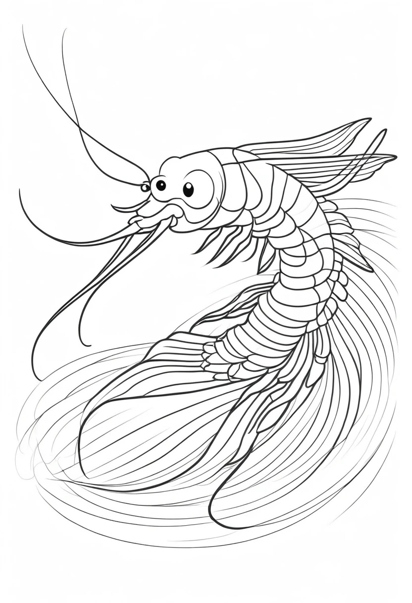 coloring page for kids, shrimp, thick lines, drawing, white background