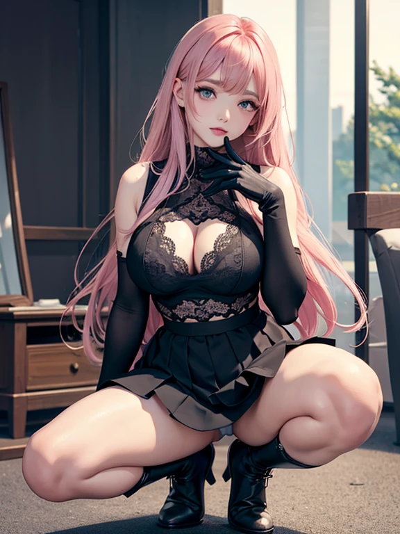 mini skirt、Black underwear、Big Breasts、whole body、long hair、Pink Hair、bangs、Beautiful Skin、20-year-old women、Double eyelids、Beautiful eyes、Outdoor、In town、crowd、Beautiful woman、Black lace underwear、Thin eyebrows、Beautiful eyes、whole body、squat、blush、gloves、high resolution、M-shaped legs、short boots、Beautiful woman、 high quality ,4K ,Scanline illumination, Volumetric Light、8K Ultra HD, Soft lighting, high quality, Film Gray、Spread your legs、