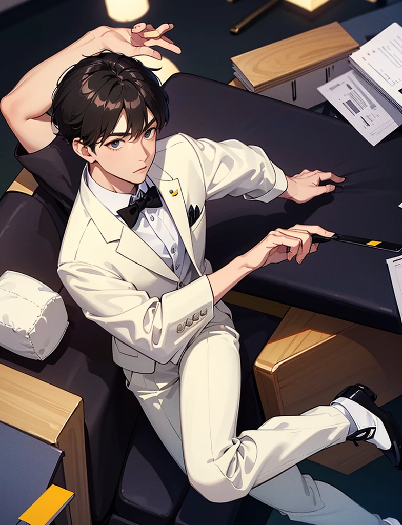 a young boy, with white shirt, formal cloth pants and black shoes. He falls into a bed, fall backwards, handsome man, 