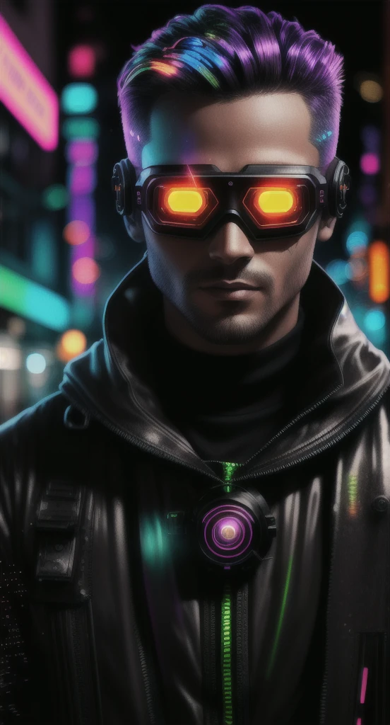 An award winning master piece photo of a cyborg man with psychedelic colors standing in a city street at night in the rain, wearing neon-colored glowing goggles, 8k, (high quality:1.1), (cinematic feeling:1.1), dark deep shadows, incredibly intricate detailing, art , (up close:1.1), from above, looking at viewer, (light sparkles:1.1), (chromatic aberration,:1.2) background with floating light artifacts