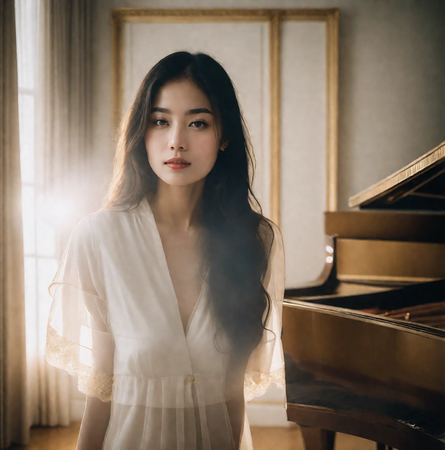 a woman standing in front of a grand piano in a room, cover photo portrait , RAW Photo, Best Quality), (Realistic, Photo Realistic: 1.3), Best Quality, Highly Detailed, Masterpiece, 1 Girl, upper_body, black_long_hair, Best Quality, golden hour light