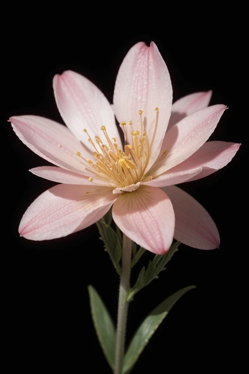 A pink wildflower is photographed against a black background, the flowers have six petals and no leaves, the flowers can be seen in full bloom, they form an elegant flower chain with five or three flowers on one stem, studio photography in the style of professional color grading, soft shadows, clean sharp focus, no contrast, no grainy textures, natural light, isolated on a white background high resolution.