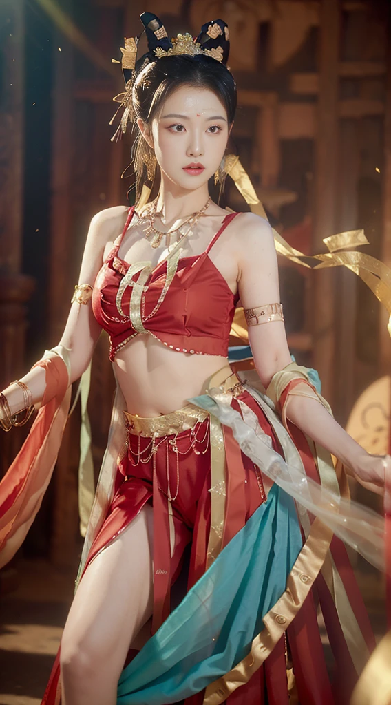 (8K, raw image, best quality, Masterpiece:1.2), (realistic, photo-realistic:1.4), (วอลล์เปเปอร์ CG unity 8K ที่มีรายละเอียดมาก), (1 woman:1.5), western beauty, (red clothes: 1.4), red spot on forehead, Pale skin, Blush, Big eyes, full body, thigh, Open the navel, gold waist chain, gold jewelry, flying ribbons, particle, In the background is the ancient city of Loulan., ancient city wall, desert, dance, Dunhuang_set, Dunhuang_style,