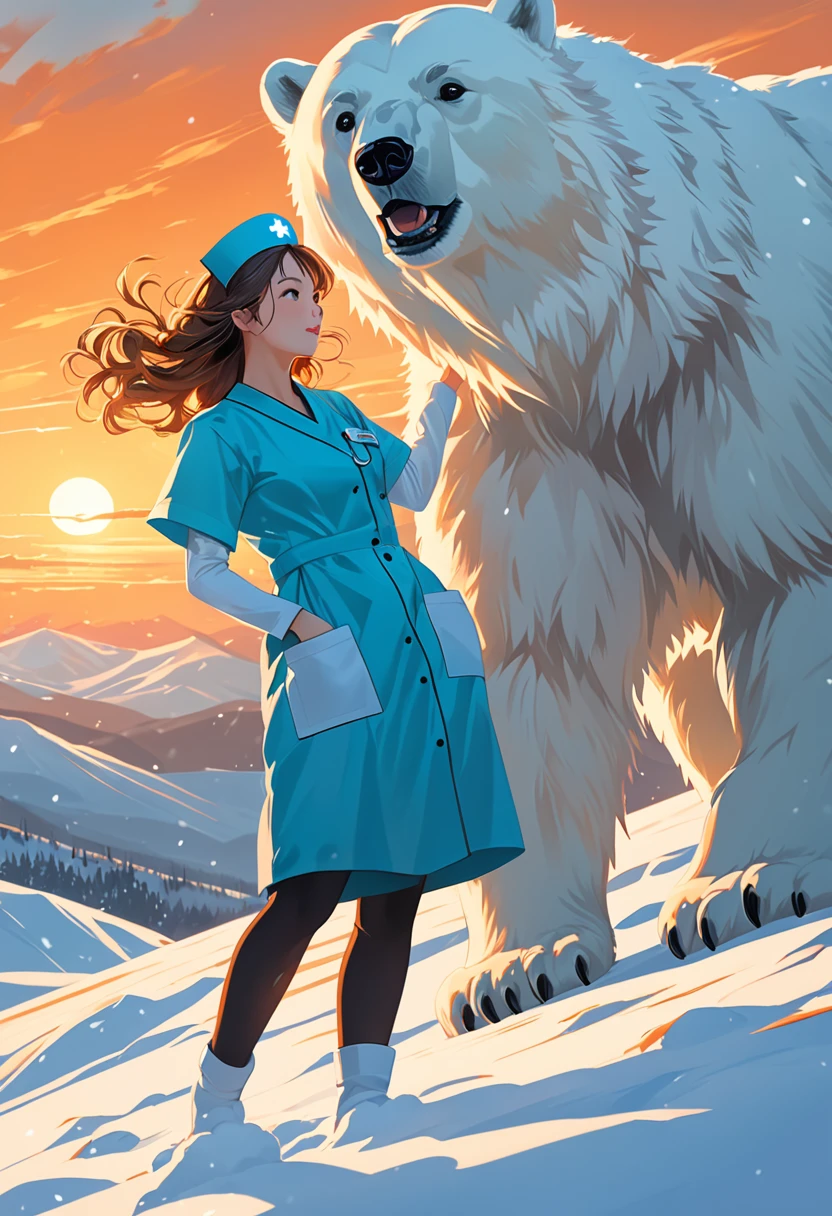 high end korea abstract art style, oil painting art, close up shot: Intrepid nurse in cyan scrubs atop snowy Alaskan hill, engaged in playful with cute curious polar bear. Golden hour backlighting creates ethereal glow. dramatic shadow, Dutch angle emphasizes dynamic poses. Crisp details: wind-tousled hair, steaming breath, textured fur. Snow swirls dramatically. Cyan and white palette punctuated by vibrant orange sunset. 8K resolution.
