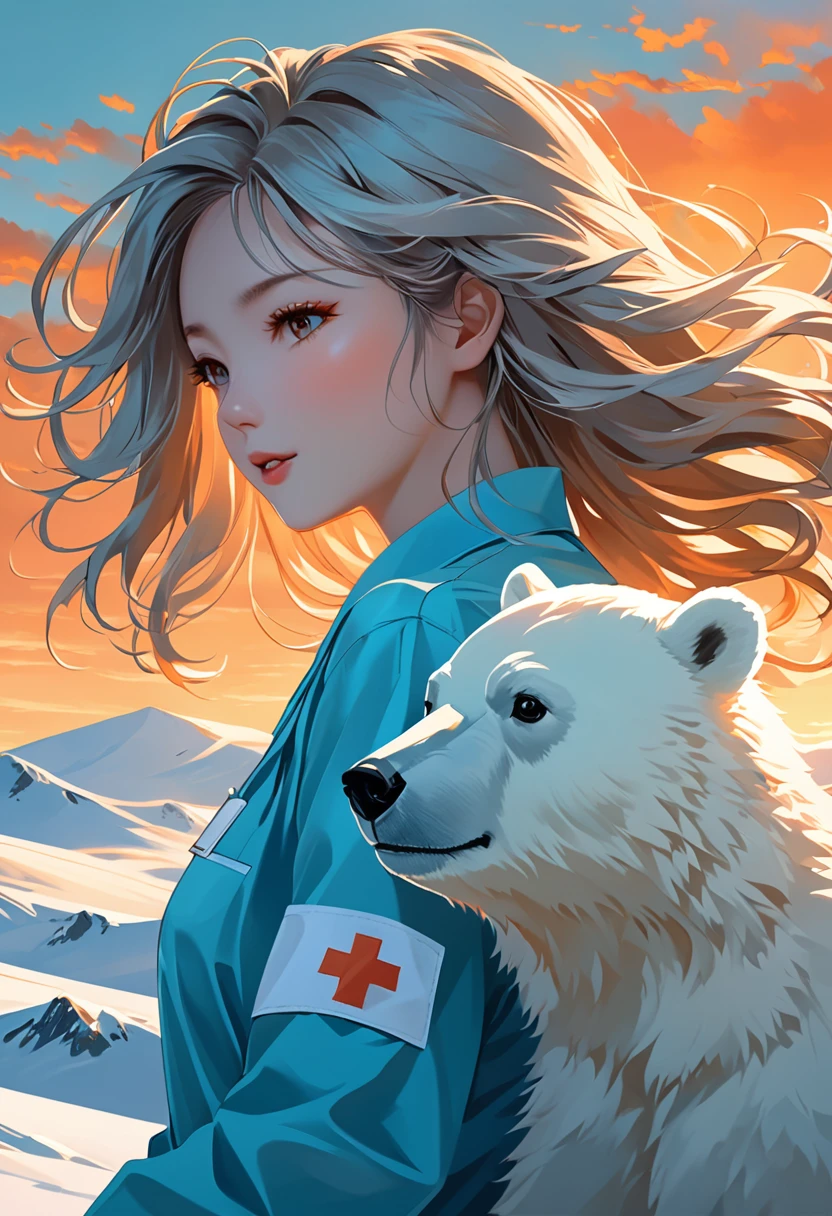 high end korea abstract art style, oil painting art, close up shot: Intrepid nurse in cyan scrubs atop snowy Alaskan hill, engaged in playful with cute curious polar bear. Golden hour backlighting creates ethereal glow. dramatic shadow, Dutch angle emphasizes dynamic poses. Crisp details: wind-tousled hair, steaming breath, textured fur. Snow swirls dramatically. Cyan and white palette punctuated by vibrant orange sunset. 8K resolution.