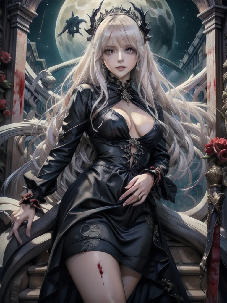 Highest quality、masterpiece、8K、Realistic、超High resolution、High resolution、Perfect female body、Mature Woman、Opposition、(Big Breasts:1.4)、Looking at the audience、(Princess of Another World、Gorgeous Dress、Shining Jewels、Long white hair、Elegant behavior、A delicate tiara、シルクhand袋、Embroidered gown、royal coat of arms、Gold Jewelry)、死んだ腐ったBloodに飢えた邪悪なzombie, Girl Venom, 黒い共bornborn物が付着している, Bloodまみれの, Evil look, Psychopathic, Torn clothes, Torn costume, sexy, reveal, Combat Stance, Very detailed, Vibrant appearance, Creative Action, Very detailed, Imaginative, Sensual, Voluntary, Small breasts, sexy, reveal, Highest quality, skinの質感, Intricate details, (Highest quality, masterpiece, 超High resolution), (8K壁紙, High resolution, High resolution, born), (credibility: 1.4), (whole bodyショット), One girl, ((Anime Girls)),,(Bloodしぶき:1.6), ((Fantasy Witch Costume)), ((Flowing white hair)), ,(Bloodしぶき:1.6),Female curves, Large Breasts, Thick thighs, sexyな平らなお腹, 完璧なhand, 完璧なアニメのface, ((dark ta dress)), Are standing, ((Wicked Smile)), ,(Bloodしぶき:1.6),In the Victorian city, gaslight, Steam circulates, Moonlight Illumination, night間照明, A sky filled with stars and galaxies,disaster々new devil horns,,(Bloodしぶき:1.6),アニメzombie魔女デザインねじれた笑face、Bloodまみれの、頭からの出Blood、Bloodしぶき、,(Bloodしぶき:1.6),Crossbones, skull, Streetwear Design, Provector, Horror Style, Full Design, Huge breasts, Very detailed, Realistic, Dark fantasy, Gloomy atmosphere, Intricate details, Crazy Smile, 狂ったeye, A cute and luxurious hair band,(masterpiece:1.2, Highest quality), Scary atmosphere、Distorted facial expressions、Horror Art、Bloodの雨、Bloodを流す、Bloodしぶき,(Bloodしぶき:1.6),悪魔のeye、redいeye、scar、火scar、whole body、Torn hair of a woman dressed in slave clothing、(Long Hair)、(eyeにかかる長さの前髪)、Black Hair、(((eyeの下のクマ)))、青白いskin、Feeling unwell、Pathological、邪悪な笑face、狂ったeye、(Grin)Dramatic makeup,Create mixed media art、,Horror 1 Girl, Open_mouth, , red_eye, Blood, Tilt_red_skin, Injury, Blood_in addition_face, Bandaged_arm, Blood_in addition_zombie, Blood_in addition_hand , Open your eyelids wide, The trend is all, mouthを大きくOpen, mouthを開けてteethをむき出しにする,獣のような鋭いteeth, Wide lips, 非常に広いmouth, Vermilion cheeks, blonde, ,(Bloodしぶき:1.6),Princess Cut, Ribbon hair ornament, brooch, Otaku Room, Well-built body, Nice body, Ample breasts, Thick body,eyeを大きく開いて、Scary atmosphere、Distorted facial expressions、ねじれた笑face、Bloodまみれの、頭からの出Blood、Bloodしぶき、whole body、,(Bloodしぶき:1.6),Long Hair、Long bangs、Well-built,Broad shoulders,I focus,(face),Messy Hair,いeye,(光るeye),red信号,笑face,big 笑face,teeth,psycho 笑face,gesugao,Dark city background,darkness,night,(close),良いeye, 良いteeth,サディスティックな笑face,,all,光沢のあるskin,詳細なface,Beautiful body, mouthからの白い息 Luxurious lace long gloves