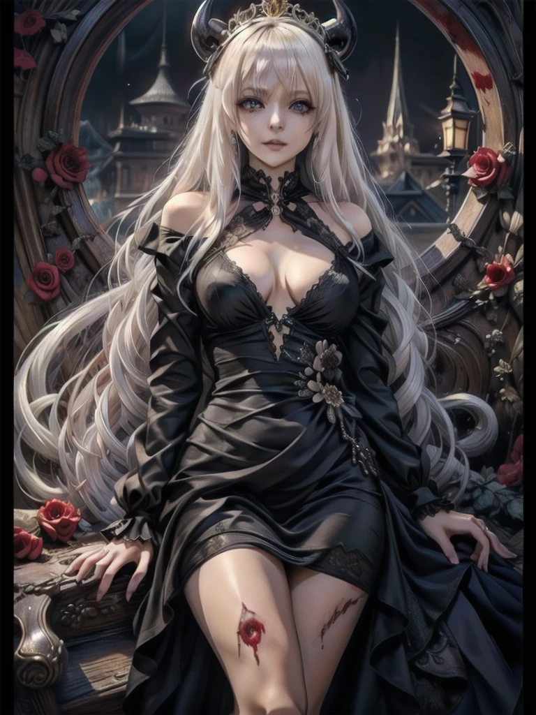 Highest quality、masterpiece、8K、Realistic、超High resolution、High resolution、Perfect female body、Mature Woman、Opposition、(Big Breasts:1.4)、Looking at the audience、(Princess of Another World、Gorgeous Dress、Shining Jewels、Long white hair、Elegant behavior、A delicate tiara、シルクhand袋、Embroidered gown、royal coat of arms、Gold Jewelry)、死んだ腐ったBloodに飢えた邪悪なzombie, Girl Venom, 黒い共bornborn物が付着している, Bloodまみれの, Evil look, Psychopathic, Torn clothes, Torn costume, sexy, reveal, Combat Stance, Very detailed, Vibrant appearance, Creative Action, Very detailed, Imaginative, Sensual, Voluntary, Small breasts, sexy, reveal, Highest quality, skinの質感, Intricate details, (Highest quality, masterpiece, 超High resolution), (8K壁紙, High resolution, High resolution, born), (credibility: 1.4), (whole bodyショット), One girl, ((Anime Girls)),,(Bloodしぶき:1.6), ((Fantasy Witch Costume)), ((Flowing white hair)), ,(Bloodしぶき:1.6),Female curves, Large Breasts, Thick thighs, sexyな平らなお腹, 完璧なhand, 完璧なアニメのface, ((dark ta dress)), Are standing, ((Wicked Smile)), ,(Bloodしぶき:1.6),In the Victorian city, gaslight, Steam circulates, Moonlight Illumination, night間照明, A sky filled with stars and galaxies,disaster々new devil horns,,(Bloodしぶき:1.6),アニメzombie魔女デザインねじれた笑face、Bloodまみれの、頭からの出Blood、Bloodしぶき、,(Bloodしぶき:1.6),Crossbones, skull, Streetwear Design, Provector, Horror Style, Full Design, Huge breasts, Very detailed, Realistic, Dark fantasy, Gloomy atmosphere, Intricate details, Crazy Smile, 狂ったeye, A cute and luxurious hair band,(masterpiece:1.2, Highest quality), Scary atmosphere、Distorted facial expressions、Horror Art、Bloodの雨、Bloodを流す、Bloodしぶき,(Bloodしぶき:1.6),悪魔のeye、redいeye、scar、火scar、whole body、Torn hair of a woman dressed in slave clothing、(Long Hair)、(eyeにかかる長さの前髪)、Black Hair、(((eyeの下のクマ)))、青白いskin、Feeling unwell、Pathological、邪悪な笑face、狂ったeye、(Grin)Dramatic makeup,Create mixed media art、,Horror 1 Girl, Open_mouth, , red_eye, Blood, Tilt_red_skin, Injury, Blood_in addition_face, Bandaged_arm, Blood_in addition_zombie, Blood_in addition_hand , Open your eyelids wide, The trend is all, mouthを大きくOpen, mouthを開けてteethをむき出しにする,獣のような鋭いteeth, Wide lips, 非常に広いmouth, Vermilion cheeks, blonde, ,(Bloodしぶき:1.6),Princess Cut, Ribbon hair ornament, brooch, Otaku Room, Well-built body, Nice body, Ample breasts, Thick body,eyeを大きく開いて、Scary atmosphere、Distorted facial expressions、ねじれた笑face、Bloodまみれの、頭からの出Blood、Bloodしぶき、whole body、,(Bloodしぶき:1.6),Long Hair、Long bangs、Well-built,Broad shoulders,I focus,(face),Messy Hair,いeye,(光るeye),red信号,笑face,big 笑face,teeth,psycho 笑face,gesugao,Dark city background,darkness,night,(close),良いeye, 良いteeth,サディスティックな笑face,,all,光沢のあるskin,詳細なface,Beautiful body, mouthからの白い息 Luxurious lace long gloves