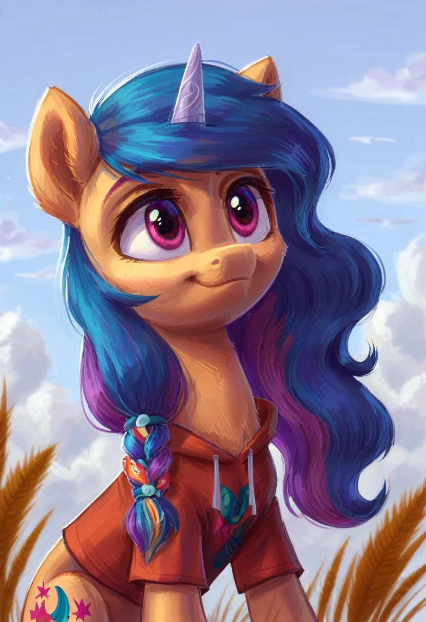Sunny Starscout and Izzy Moonbow pony wearing Sweatshirt Nike Brand, (White Background background: Full), very cute, detailed mane and fur, fluffy, (body fur), blurry, beautiful, cloudy_Sky cloud, gradient_Sky, day, high detail, digital art style, soft diffuse lighting, dutch angle,