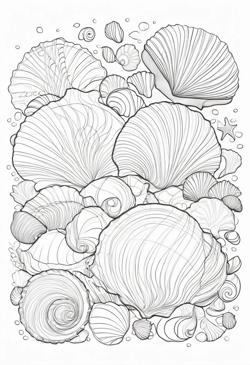 coloring page for kids, shells, thick lines, drawing, white background