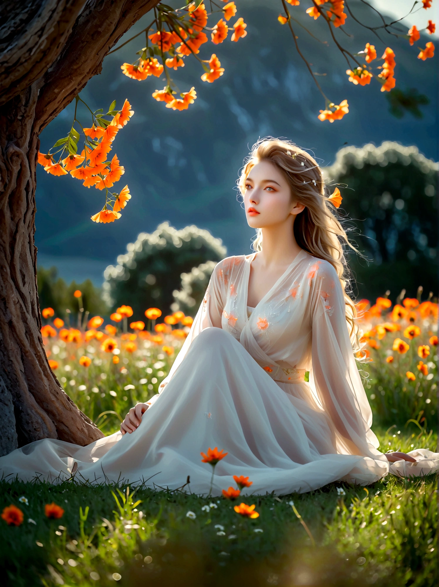 Summer, Lesser Heat, Hot Sun, 1girl, ((beautiful eyes)), ((Perfect and refined limbs)), Sitting, on the grass, tent, flower, outdoor, Tree, landscape, daytime, Sky, cloud, Grass, Orange Blossom, White Flowers, nature, Vague, safflower, (masterpiece, Best quality:1.2), lifelike, Reality, Dreamy light, Intricate details, Ultra Detailed, detail, High contrast, Beautiful and delicate light, Bright, more details, Fine light, very fine 8K CG wallpaper, Abuse of color difference, Very delicate light, Glare, Light, Light Particles, reflection, Depth of Field, Soft colors, Surrealism, Romanticism, Classicism, anatomically correct, textured skin, award winning, 8k