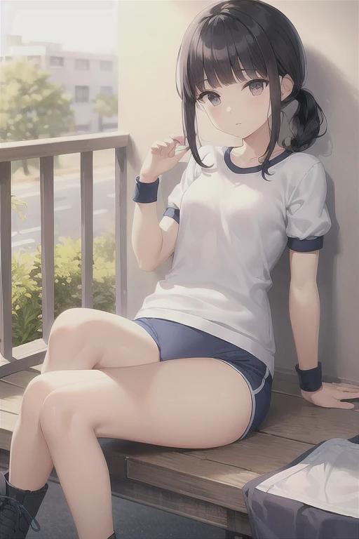 View your viewers,
Black Hair,(Tied Hair,Blunt bangs:1.2), Small breasts,
(Navy blue cuffs and white short-sleeved gym uniform)、(Navy Blue Bloomers)、(
barefoot)、Navy blue socks、sports boots、Ground、Schoolyard, (Highest quality:1.3),One girl,