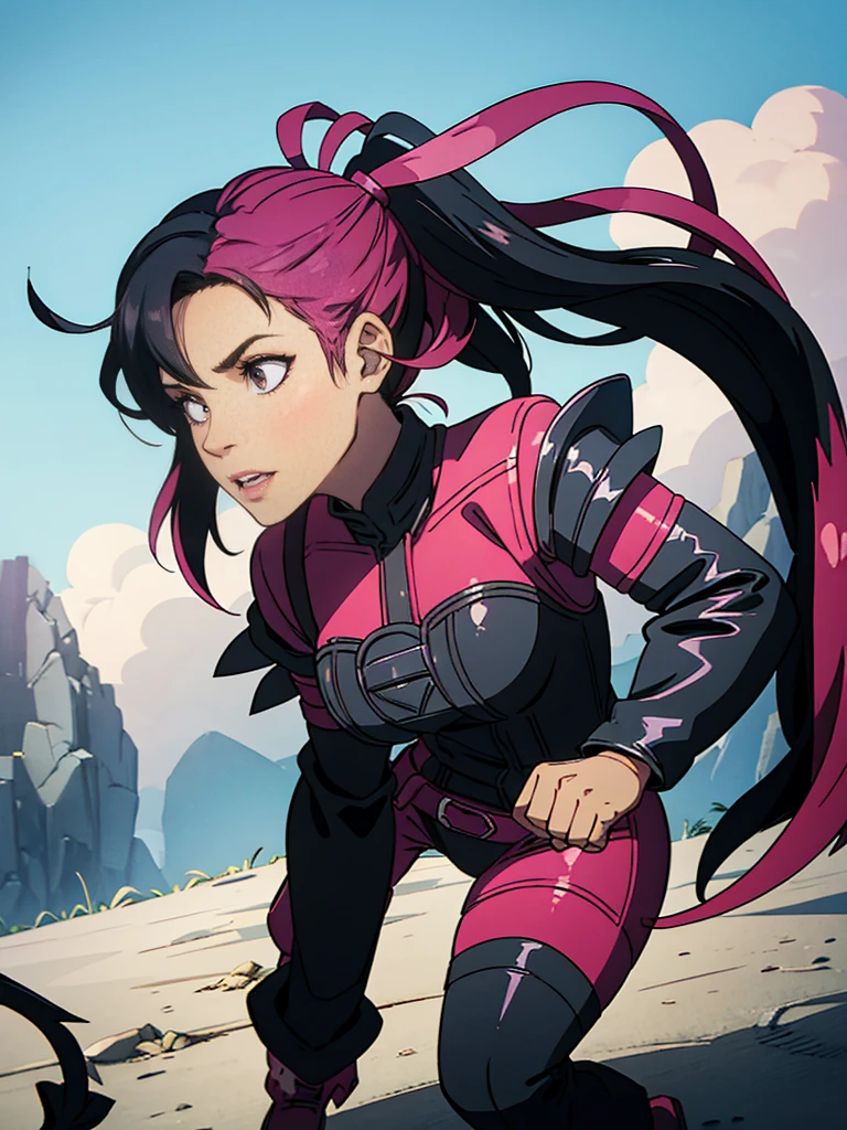 half dragon female with grey skin, with black hair pigtails style, with pink streaks, sharp teeth, biker outfit, dragon tail and dragon horns
