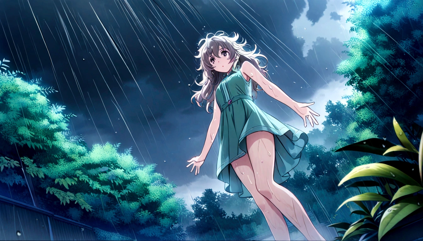 score 9, source anime, wide shot, from below, a young girl dancing in the rain, dynamic pose, perfect face, playful expression, messy hair, wet skin, rain drops, outdoor garden scene, lush green foliage, overcast sky, dramatic lighting, moody colors, cinematic, best quality, 8k, highres, masterpiece, ultra-detailed,