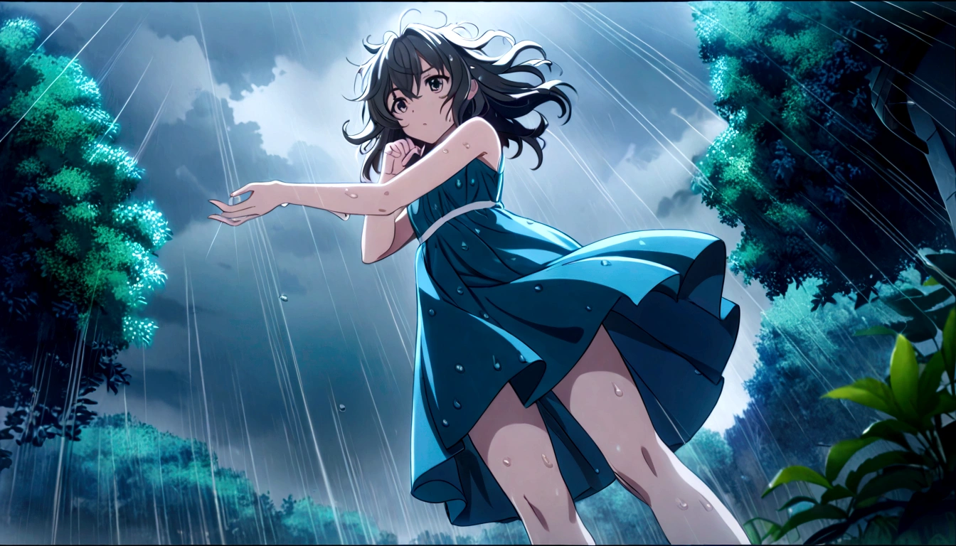 score 9, source anime, wide shot, from below, a young girl dancing in the rain, dynamic pose, perfect face, playful expression, messy hair, wet skin, rain drops, outdoor garden scene, lush green foliage, overcast sky, dramatic lighting, moody colors, cinematic, best quality, 8k, highres, masterpiece, ultra-detailed,