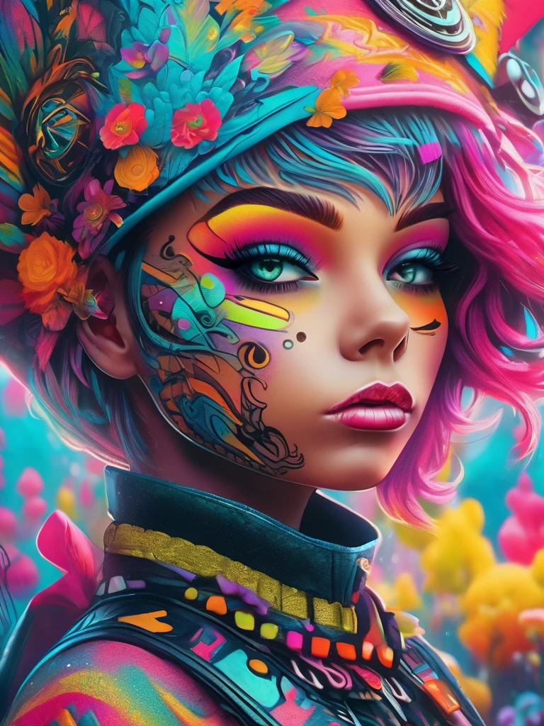 a close up of a person with a colorful face and a tattoo, cute detailed digital art, acid pixie, hyper detailed digital art, evil. vibrant colors. cute, dark but detailed digital art, alice in wonderland cyberpunk, 4k highly detailed digital art, gorgeous digital art, beeple and jeremiah ketner, epic 3 d abstract emo girl, vibrant fan art