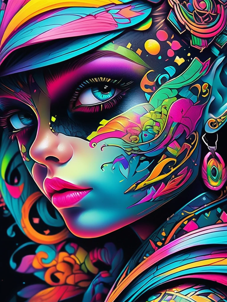 a close up of a person with a colorful face and a tattoo, cute detailed digital art, acid pixie, hyper detailed digital art, evil. vibrant colors. cute, dark but detailed digital art, alice in wonderland cyberpunk, 4k highly detailed digital art, gorgeous digital art, beeple and jeremiah ketner, epic 3 d abstract emo girl, vibrant fan art