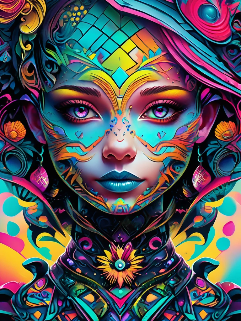 a close up of a person with a colorful face and a tattoo, cute detailed digital art, acid pixie, hyper detailed digital art, evil. vibrant colors. cute, dark but detailed digital art, alice in wonderland cyberpunk, 4k highly detailed digital art, gorgeous digital art, beeple and jeremiah ketner, epic 3 d abstract emo girl, vibrant fan art