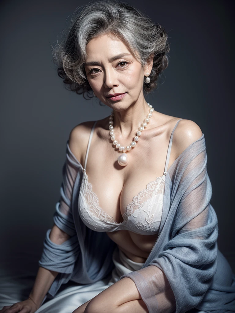 Beautiful elderly woman, cute,sexy,55 years old,,sexy,Wear a pearl necklace, old woman,Big saggy Breasts, Light blue revealing dress, White embroidered bra, Curly Hair, plain grey background, depth of field, f-stop 2.4