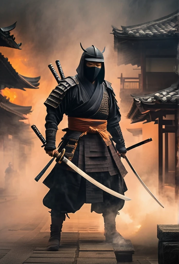 A Japanese ancient ninja ronin with magnificent mask in portrait, Japanese seigan no kamae katana position, the atmosphere is heavy and sad. It's very detailed and in the atmosphere of the old quarter of the time, background with fire qnd smoke and fog, BEST quality, masterpiece,extreme intrincate detail and textures, dark clouds 