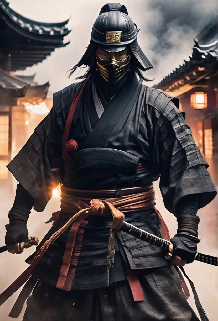 A Japanese ancient ninja ronin with magnificent mask in portrait, Japanese seigan no kamae katana position, the atmosphere is heavy and sad. It's very detailed and in the atmosphere of the old quarter of the time, background with fire qnd smoke and fog, BEST quality, masterpiece,extreme intrincate detail and textures, dark clouds 