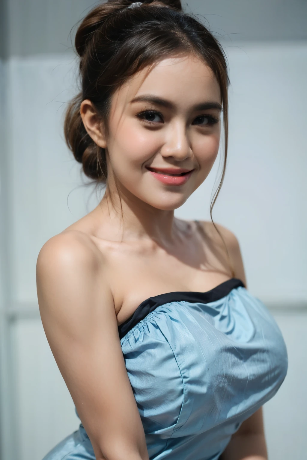 (Light Blue thin Strapless Dress), adorable, 1 girl, (face to face), 10 years old, baby face, happy, half body portrait, (face details: 1), (eye details:1), ((big breasts)). wearing transparent transparency long shirt, .. Cute posed. proportional body. Ultra High Res. realistic: 1.4, UHD, poke a bun Hairstyle.