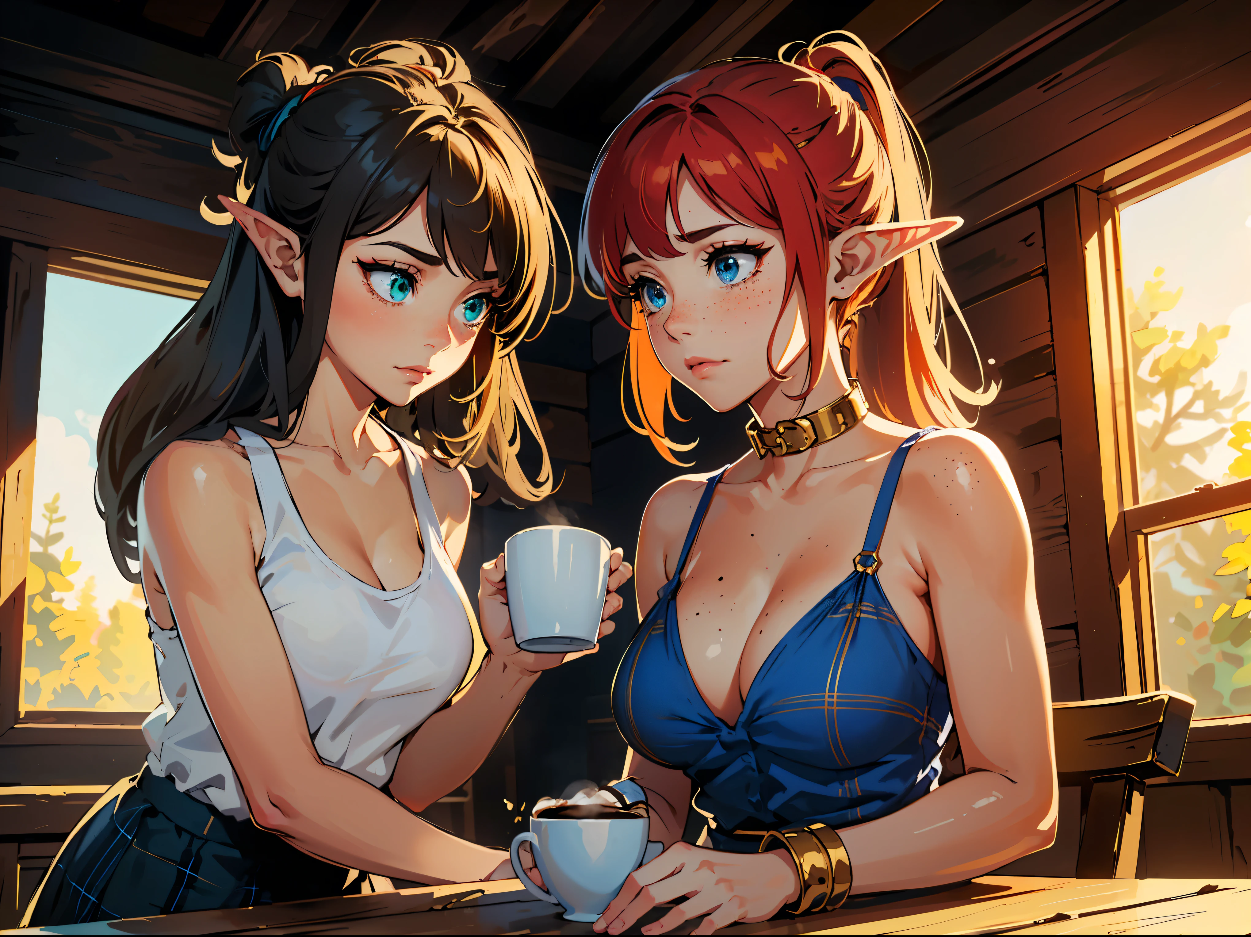 masterpiece, high quality, illustration, extremely detailed, cg unity 8k, NSFW, 1_woman, (sad), sitting, (upper body) (Caucasian skin_complexion:1.4), mature, statuesque, beautiful, exotic, ((freckles)), with long elf ears, frowning, (((looking down))), ((holding coffee cup)), medium breast, (((gold neck slave collar))), thick golden cuffs, wearing (((long) blue plaid dress)), blue plaid sash, white tank top, cleavage, bare_shoulders, (red hair), (((long ponytail))), detailed face having ((blue eyes), dark_eyeliner, long_eyelashes), sitting at table inside rustic cabin, 