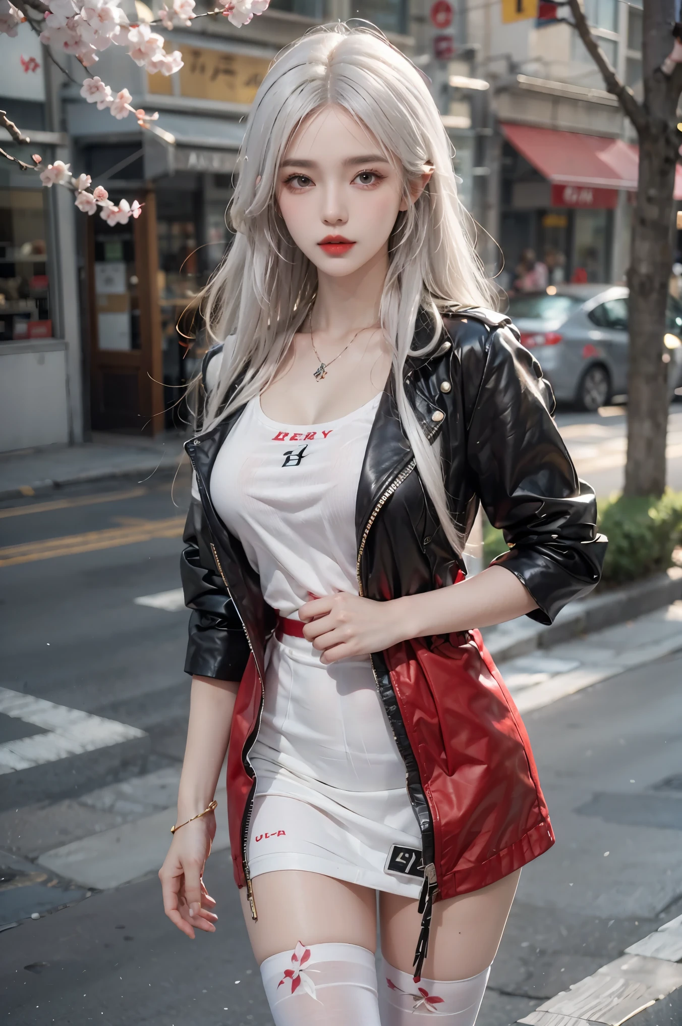 female,masterpiece, realistic, best quality, ultra detailed, cowboy_shot, long hair, white hair, red lips, jewelery,street wear, colorful clothing,cherry blossom,thighhighs