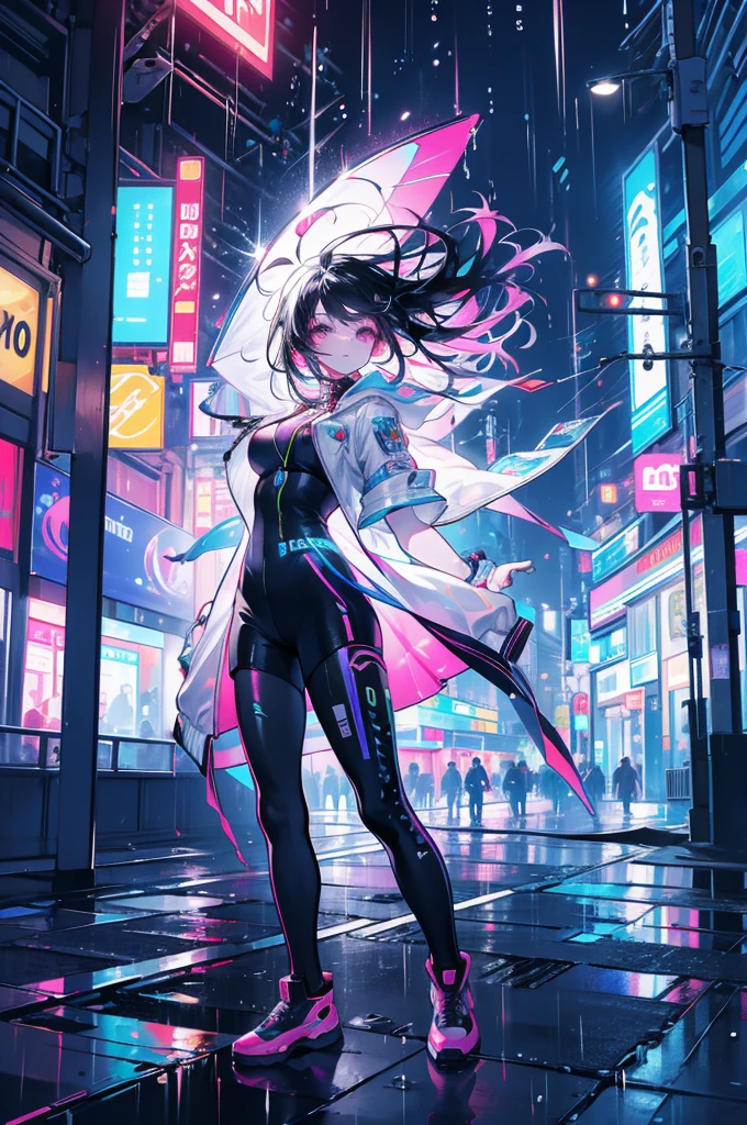 Masterpiece, ultra detailed, beautiful,Super Saturation, Neon Street,1 girl, street, night, rain, colorful, white jacket,From a distance:1.4, cyber punk,vivid,magic,dancing in the rain,dancing:1.6