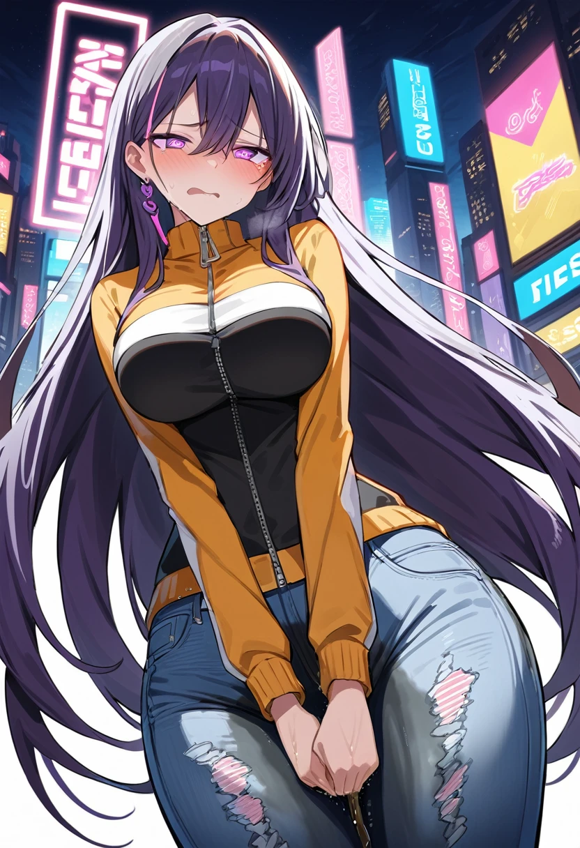 (masterpiece:1.37), best quality, (extremely detailed:1.37), woman, adult, mature, large breasts, (very long hair:1.5), dark purple hair, purple eyes, (extremely detailed eyes:1.37), stylish jacket, jeans, (desperation:2.0), (wetting: self 3.0), standing, embarrassed, humiliation, blushing, angry, city, futuristic, neon lighting, high-tech