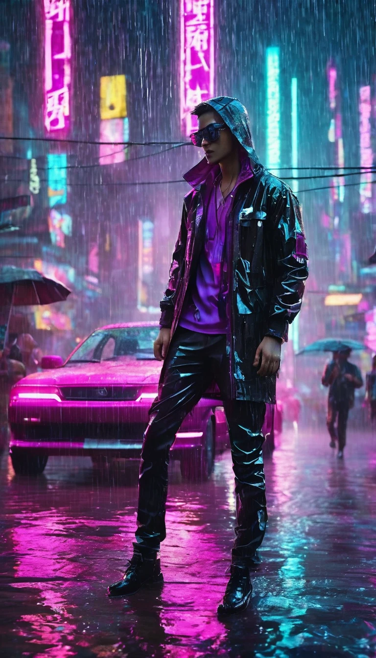 (Masterpiece, Best Quality, high resolution, 32k drive wallpaper, Extremely detailed CG:1), (weak illustration on stage:1.0), ((1 young handsome cyberpunk:1.5 dancing in the rain:1.7 )),(( cyberpunk night city:1.4)), neon signs futuristic cars,dark place rain, ((wet clothes magenta neon lights perfectly illuminating the young man:1.45) . 32k