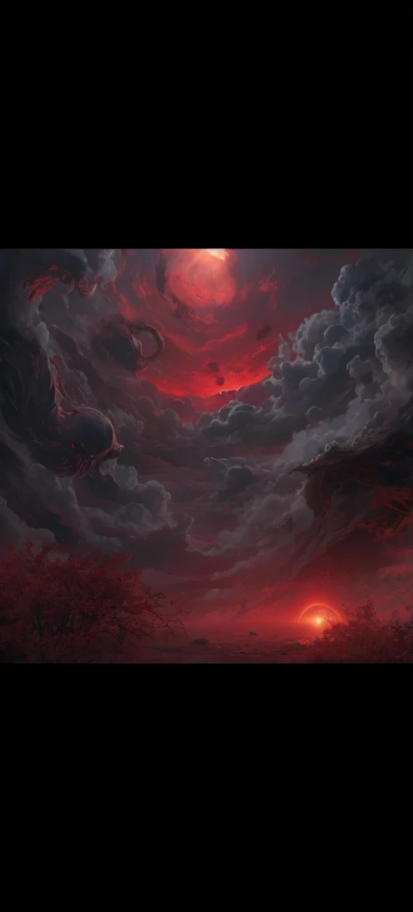 Arafud view of the black sky with huge distorted vertical pupils, Black monster in the atmosphere, Blood Moon Tentacles!!, Blood black clouds, Dark Cloud, Atmospheric fantasy sky, Detailed crimson moon, Black and red sky, An ominous fantasy illustration, Black gloomy sky, Epic surrealist 8k oil painting, Amazing 3D & d dark sun art, 4k highly detailed digital art