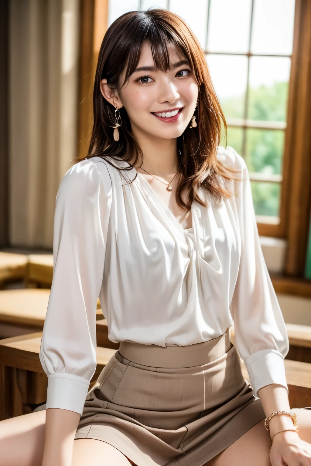 (nsfw:-2.0), (realistic, photo-realistic:1.4), (best quality, masterpiece:1.2), RAW photo, high resolution, intricate details, extremely detailed, insanely detailed, incredibly detailed, finely detailed, looking at the camera, solo, a 30 years old Japanese adult woman, (sitting with spread legs apart, leaning back:1.8), (smaller breasts, tiny breasts, flat chest), slim, thin, slender, dark hair, detailed face, beautiful symmetrical eyes, detailed eyes, sophisticated nose, pale skin, cheerful grin, necklace, bracelet, earrings, jewelry, (revealing blouse and skirt:1.6), photo background, indoors, home,