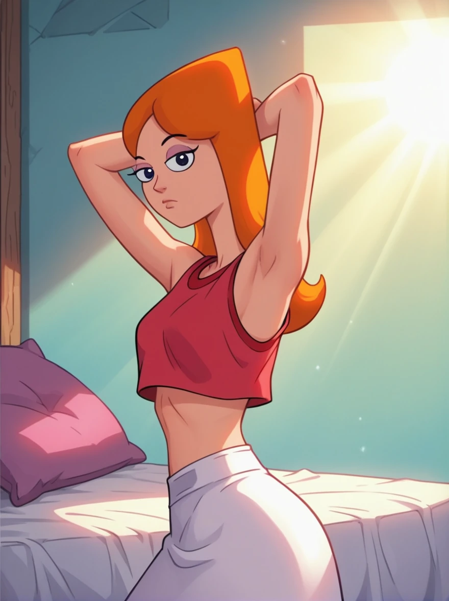 [Candace Flynn] ((masterpiece)), ((HD)), ((high quality)), ((solo portrait)), ((side view)), ((upper body)), ((detailed shading)), ((cel shading)), ((intricate details)), {(Candace), (gorgeous hips), (beautiful legs), (expressionless), (calm)}, {(red crop top), (white skirt)}, {(on bed), (head on pillow), (hands behind head), (looking at viewer)}, [Background; (bedroom), (sun rays)]