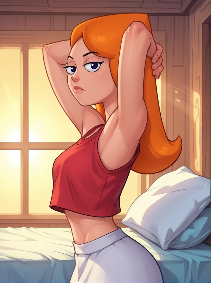 [Candace Flynn] ((masterpiece)), ((HD)), ((high quality)), ((solo portrait)), ((side view)), ((upper body)), ((detailed shading)), ((cel shading)), ((intricate details)), {(Candace), (gorgeous hips), (beautiful legs), (expressionless), (calm)}, {(red crop top), (white skirt)}, {(on bed), (head on pillow), (hands behind head), (looking at viewer)}, [Background; (bedroom), (sun rays)]