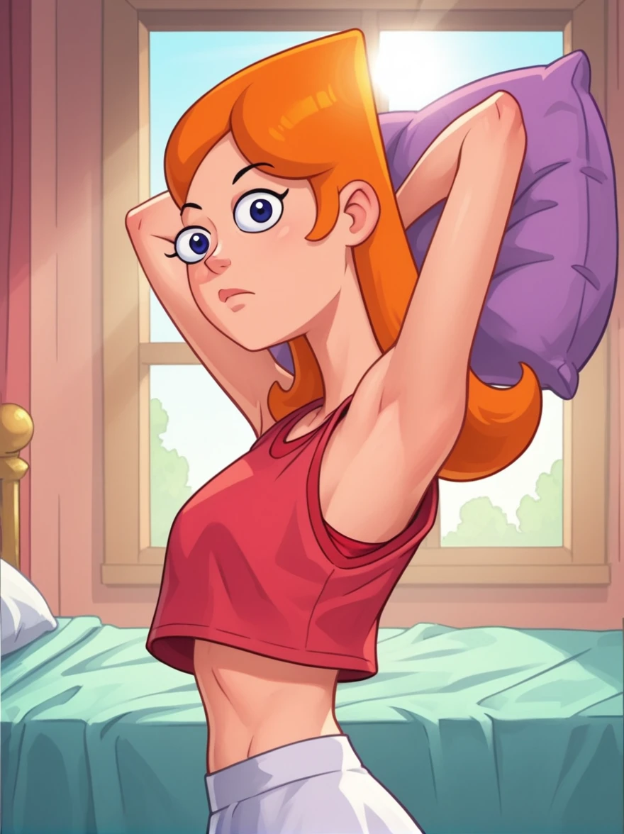 [Candace Flynn] ((masterpiece)), ((HD)), ((high quality)), ((solo portrait)), ((side view)), ((upper body)), ((detailed shading)), ((cel shading)), ((intricate details)), {(Candace), (gorgeous hips), (beautiful legs), (expressionless), (calm)}, {(red crop top), (white skirt)}, {(on bed), (head on pillow), (hands behind head), (looking at viewer)}, [Background; (bedroom), (sun rays)]