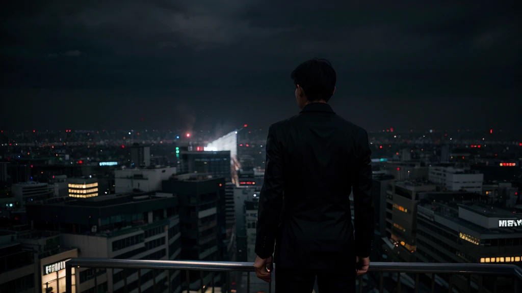 sad,rainy night,beautiful,Rear view,Light,steam,City,Science fiction,vagu, a man (Indonesia) in a floating , standing position in the air, black suit ,in the middle of the city, Shibuya, night, around the man there are many leaves rotating around him, Hollywood movie scene, realistic, 8k, wide angle 16 mm lens , the man is far away from camera