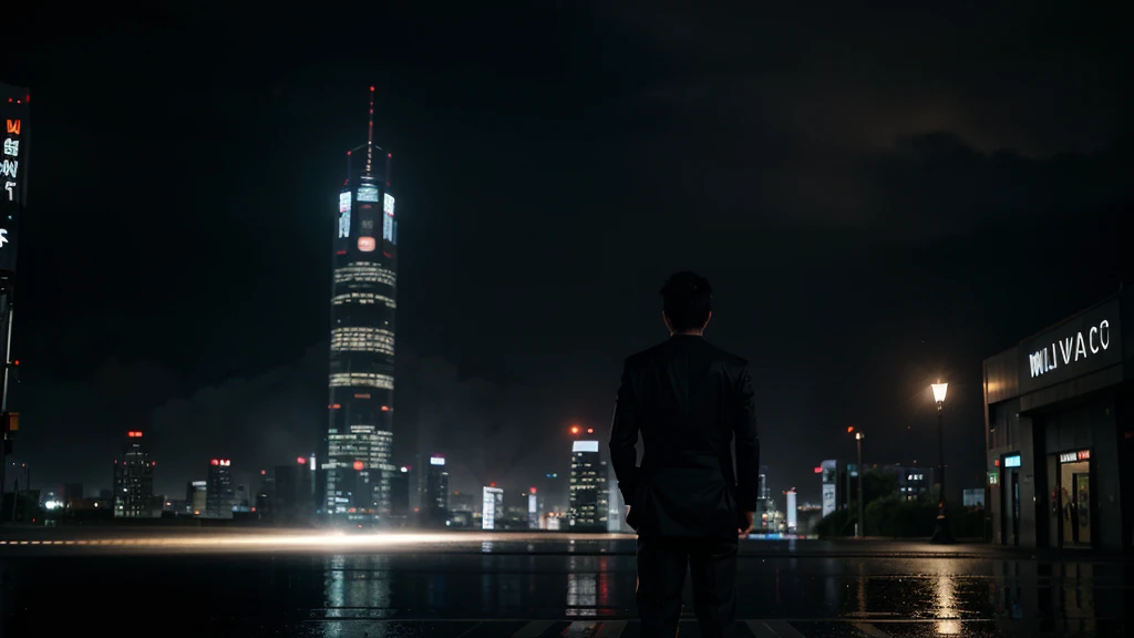 sad，rainy night，beautiful，Rear view，Light，steam，City，Science fiction，vagu, a man (Indonesia) in a floating , standing position in the air, black suit ,in the middle of the city, Shibuya, night, around the man there are many leaves rotating around him, Hollywood  movie scene, realistic, 8k, wide angle 16 mm lens , the man is far away from camera 