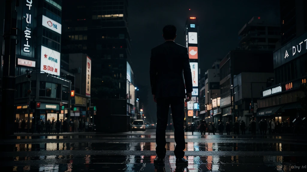 sad，rainy night，beautiful，Rear view，Light，steam，City，Science fiction，vagu, a man (Indonesia) in a floating , standing position in the air, black suit ,in the middle of the city, Shibuya, night, around the man there are many leaves rotating around him, Hollywood  movie scene, realistic, 8k, wide angle 16 mm lens , the man is far away from camera 