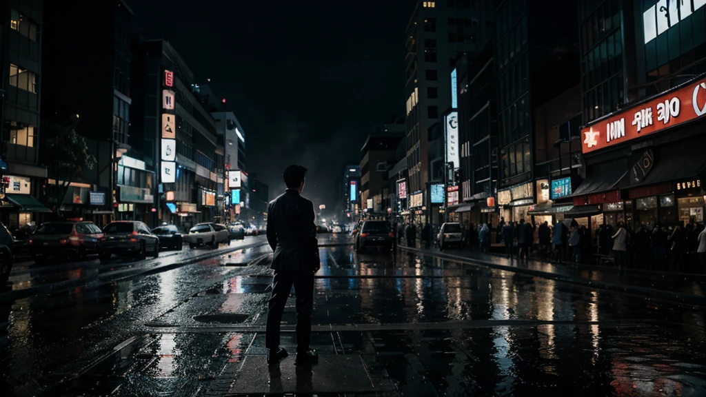 sad,rainy night,beautiful,Rear view,Light,steam,City,Science fiction,vagu, a man (Indonesia) in a floating , standing position in the air, black suit ,in the middle of the city, Shibuya, night, around the man there are many leaves rotating around him, Hollywood movie scene, realistic, 8k, wide angle 16 mm lens , the man is far away from camera