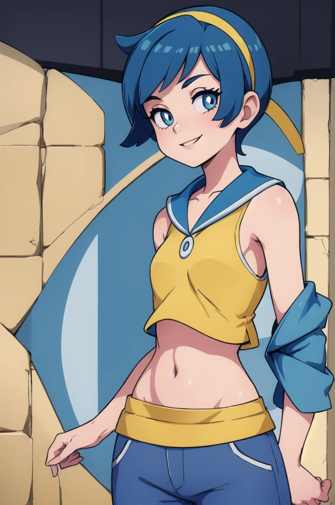 ((masterpiece,best quality)), absurdres,
Lana_Pokemon, 
1girl, solo, short blue hair, blue eyes, yellow hairband, white shirt, sleeveless, blue sailor collar, blue pants, bright pupils, swimsuit under clothes,
solo, smiling, looking at viewer, cowboy shot, side view, 
cinematic composition, contrapposto,
裸