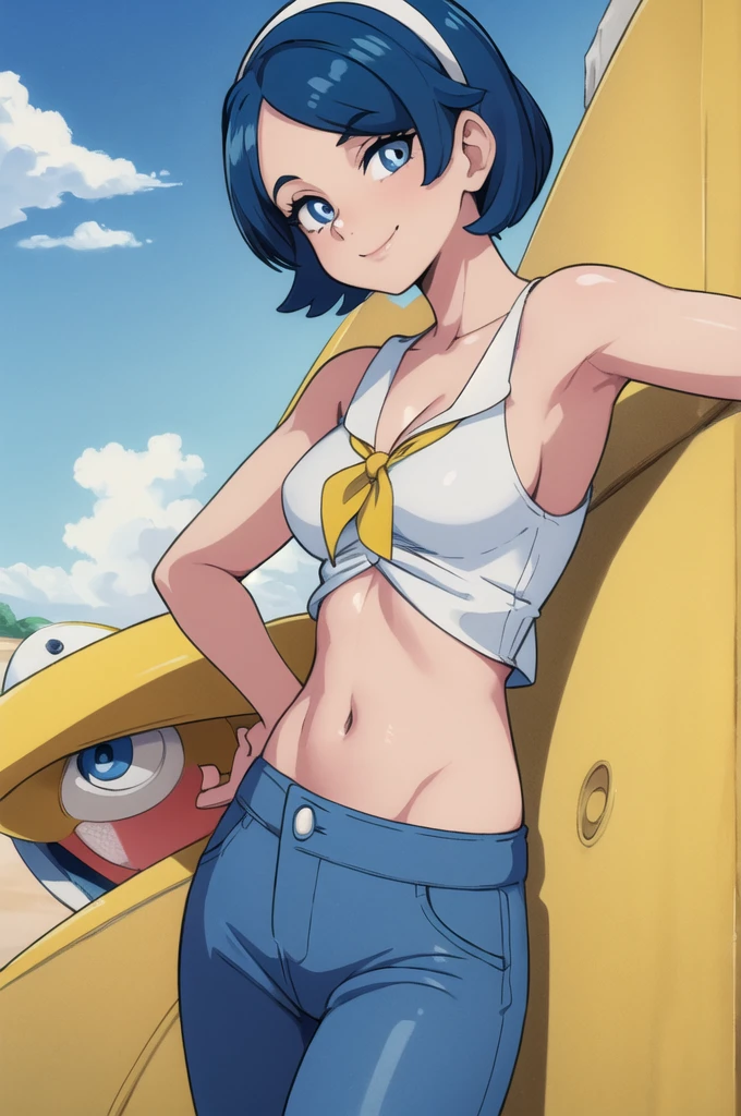 ((masterpiece,best quality)), absurdres,
Lana_Pokemon, 
1girl, solo, short blue hair, blue eyes, yellow hairband, white shirt, sleeveless, blue sailor collar, blue pants, bright pupils, swimsuit under clothes,
solo, smiling, looking at viewer, cowboy shot, side view, 
cinematic composition, contrapposto,
裸