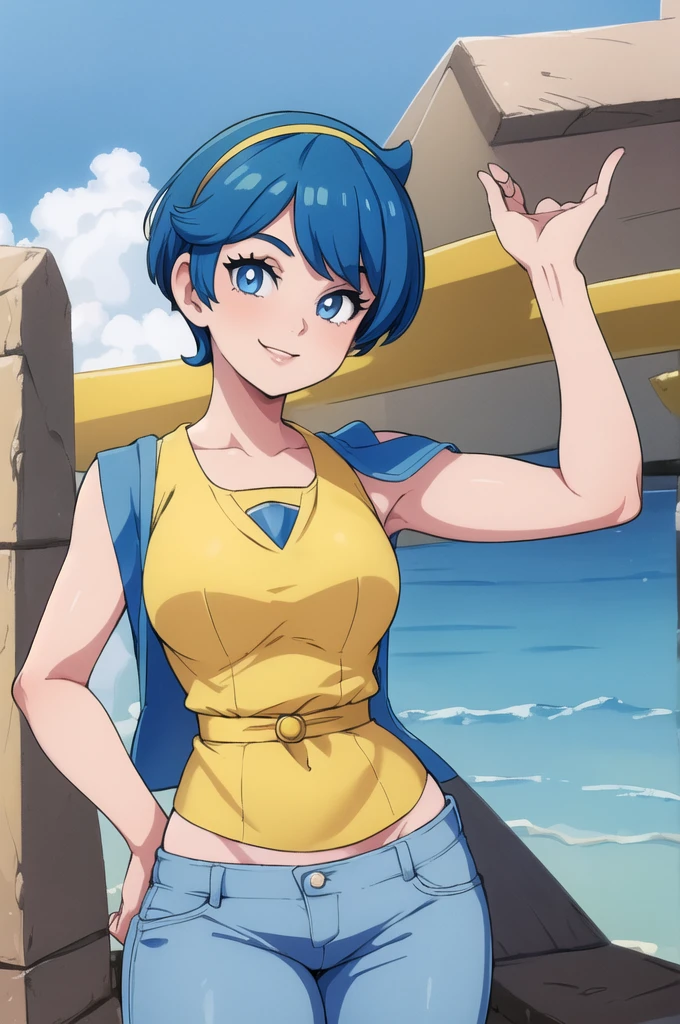 ((masterpiece,best quality)), absurdres,
Lana_Pokemon, 
1girl, solo, short blue hair, blue eyes, yellow hairband, white shirt, sleeveless, blue sailor collar, blue pants, bright pupils, swimsuit under clothes,
solo, smiling, looking at viewer, cowboy shot, side view, 
cinematic composition, contrapposto,
裸