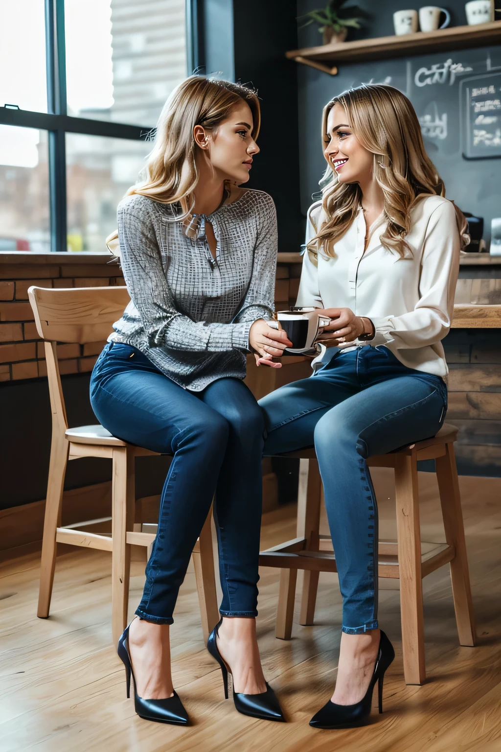 high quality,16K:1.1),((, Two German women sitting on chairs in a coffee shop）机を挟んでFacing each other,Chatting 、(Full Body Shot:1.2),(),Blonde wavy hair、、ear piercing、smile、Beautiful teeth alignment、((Long sleeve blouse、Skinny jeans、pumps)), ,(View your audience:1.3),The background is a coffee shop
