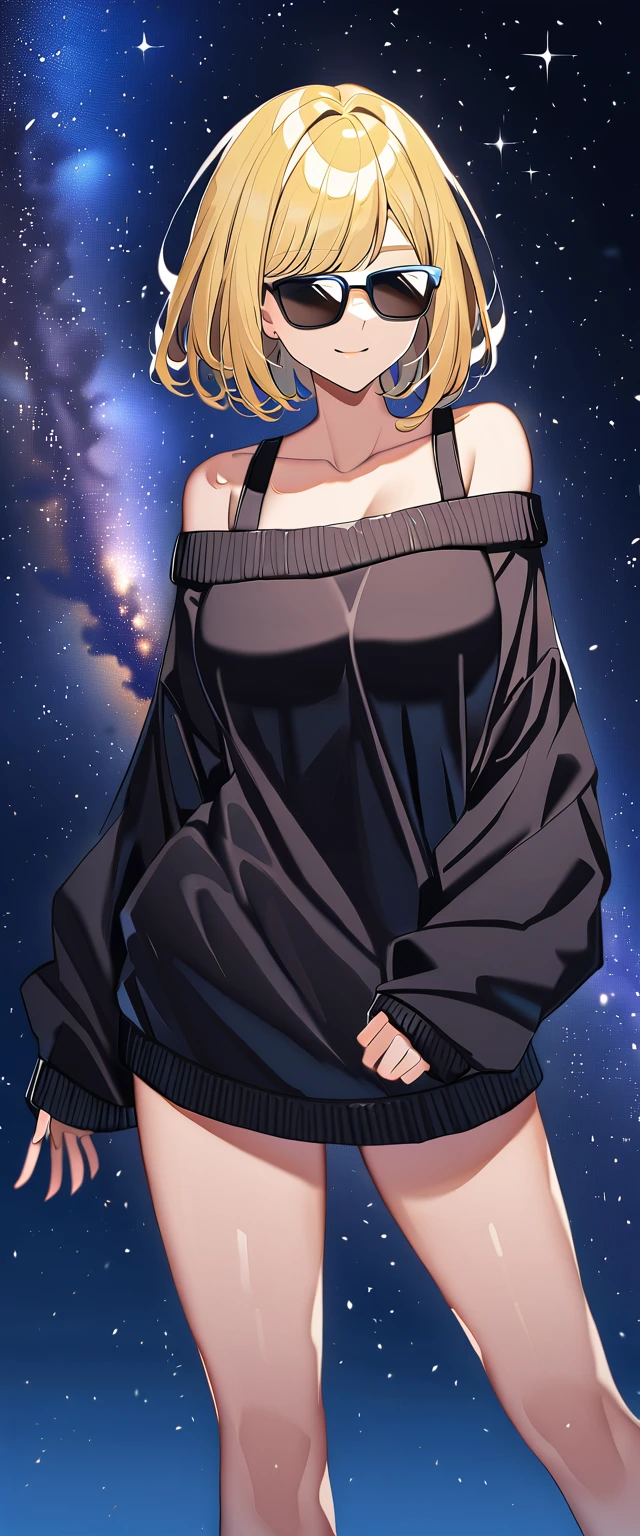 (((a starry sky, the Milky Way shining beautifully in the night))), ((bare legs)), (((sunglasses, hand to sunglasses))), (((cowboy shot))), ((wavy hair, inward curled hair)), (()), ((blond hair, bob cut:1.3)), breasts, ager, (looking at viewer), oversized clothes, puffy long sleeves, ((off-shoulder sweater:1.3, Quite thick shoulder straps)), ((black sweater)), collarbone, head tilt:1.3, (((blue eyes))), ((happy smile)), (((anime style))), (best quality, 4K, 8K, highres, masterpiece:1.2, ultra-detailed, ultra-detailed eyes, HDR, uhd, studio lighting, ultra-fine painting, sharp focus, physically-based rendering, extreme detail description, professional, vivid colors, bokeh)