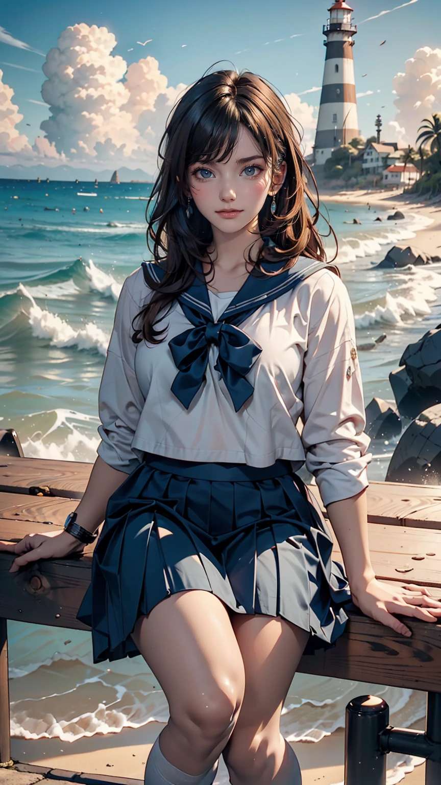 ((最high quality, 8K, masterpiece: 1.3, Ultra HD, high quality, 最high quality, High resolution, realism)) 、Very beautiful 18 year old Japanese schoolgirl、I'm wearing a sailor suit、Wearing a navy blue pleated skirt、Wear loafers、Hair is light brown、black eye、Medium Hair、Straight hair、smile、sit on a high breakwater on the beach、The blue sky is beautiful、There is a road in front of the breakwater.、The sea is beautiful、Beautiful Horizon、 island can be seen offshore、Entering clouds on the horizon、Lighthouse on the island