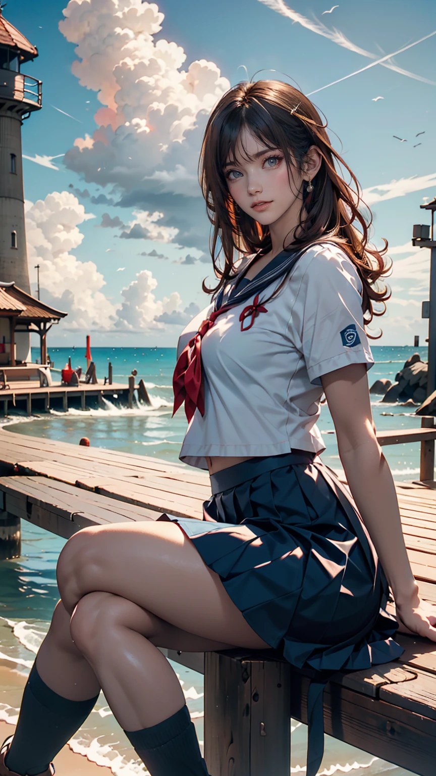 ((最high quality, 8K, masterpiece: 1.3, Ultra HD, high quality, 最high quality, High resolution, realism)) 、Very beautiful 18 year old Japanese schoolgirl、I'm wearing a sailor suit、Wearing a navy blue pleated skirt、Wear loafers、Hair is light brown、black eye、Medium Hair、Straight hair、smile、sit on a high breakwater on the beach、The blue sky is beautiful、There is a road in front of the breakwater.、The sea is beautiful、Beautiful Horizon、 island can be seen offshore、Entering clouds on the horizon、Lighthouse on the island