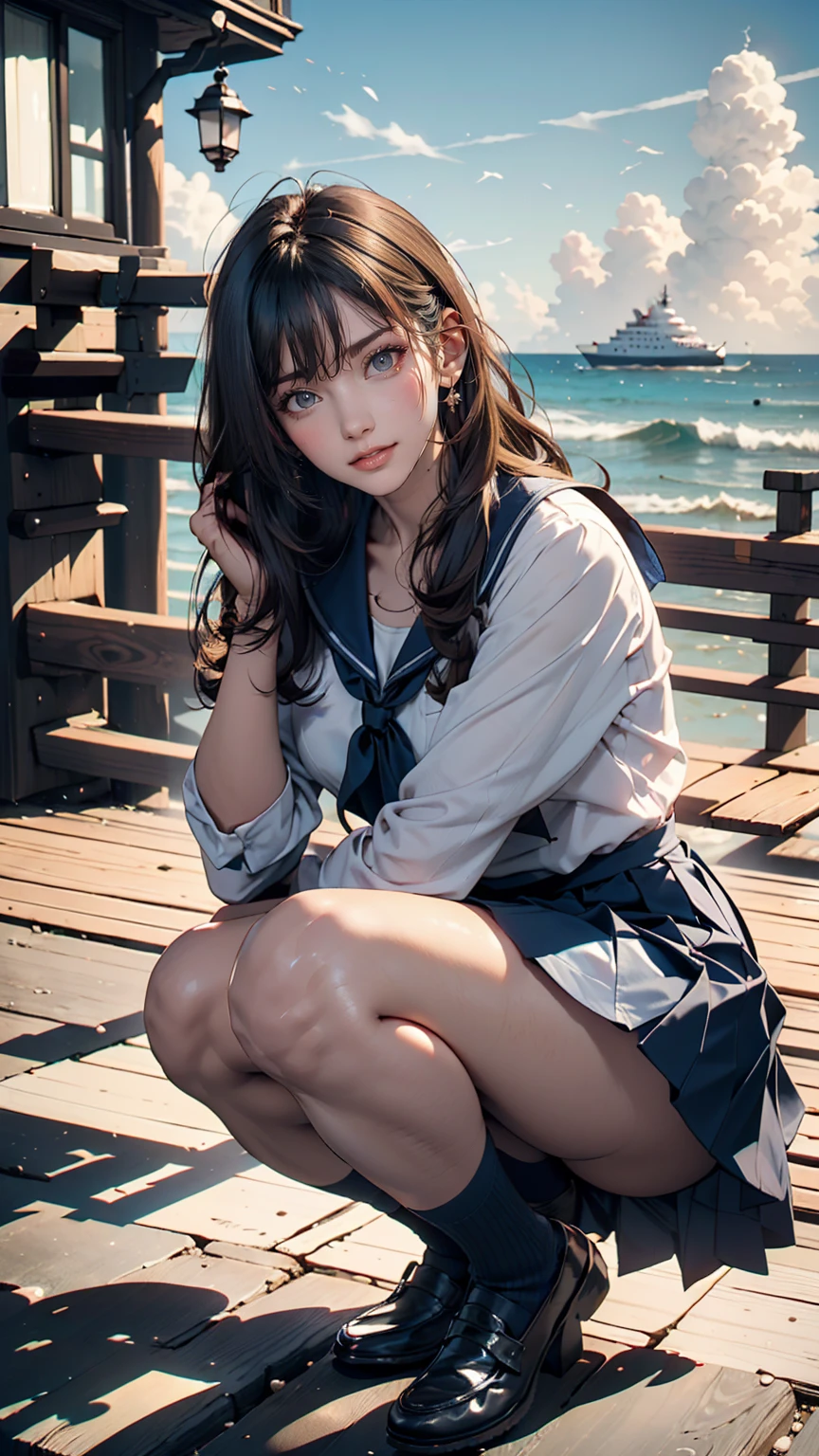((最high quality, 8K, masterpiece: 1.3, Ultra HD, high quality, 最high quality, High resolution, realism)) 、Very beautiful 18 year old Japanese schoolgirl、I'm wearing a sailor suit、Wearing a navy blue pleated skirt、Wear loafers、Hair  is light brown、black eye、Medium Hair、Straight hair、smile、sit on a high breakwater on the beach、The blue sky is beautiful、There is a road in front of the breakwater.、The sea is beautiful、Beautiful Horizon、 island can be seen offshore、Entering clouds on the horizon、Lighthouse on the island